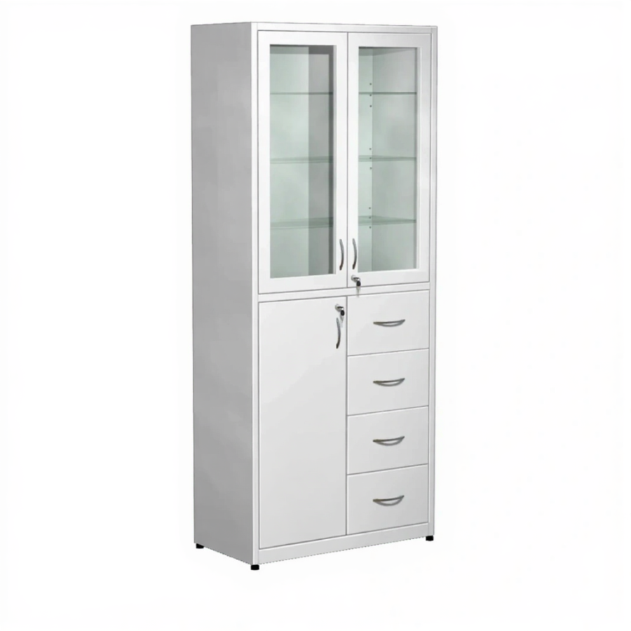 Шкаф для медикаментов стекло в металлической рамке, с ящиками ШМ-4 (белый)